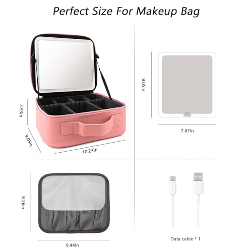 Travel Makeup Bag with LED Mirror Travel Makeup Organizer with 3 Lighted Settings (Pink / With LED Mirror Only)