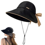 HUALBO Wide Brim Hats for Woman Foldable Hats Sun Hats for Women uv Protection Bowknot Bucket hat Adjustable hat with Ponytail Hole Black (Black)