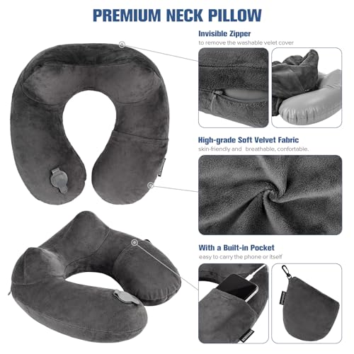 Inflatable Travel Pillow for Sleeping Airplane (Dark Grey / M-Shape)