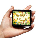 Silver Vintage Pill Box 7 Day Metal Pill Box with Mirror and 8 Compartments Cute Travel Pill Organizer for Purse (Happy Pills)