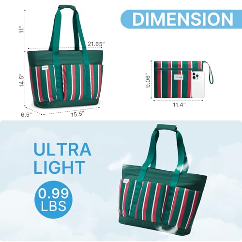 Beach Bag Waterproof Beach Tote Pool Bags for Women (Red Green White Stripes / 35L)