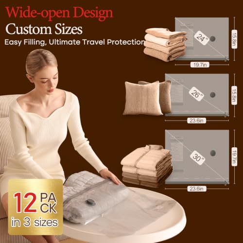 12 Pack Vacuum Bags for Travel with Rechargeable air Pump (12 Combo Travel Size)
