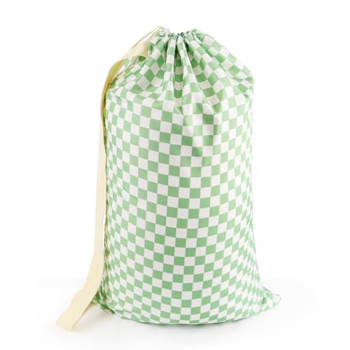 Laundry Bag Backpack for Dorm & Travel (Green White Checkered)