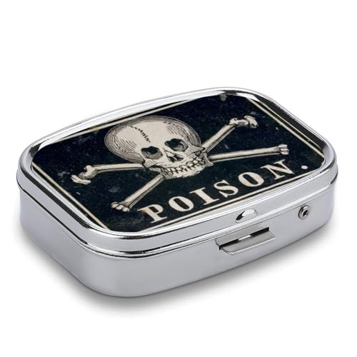 Metal 2 Compartment Pill Organizer Travel Friendly Portable Compact Pill Box Cute Pill Case to Hold Vitamins (A Skeleton With a Black Background)