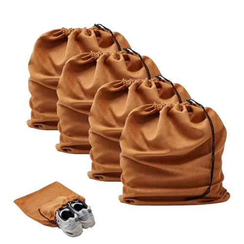 4 Pcs Travel Shoe Bags for Packing with Drawstring (Brown)