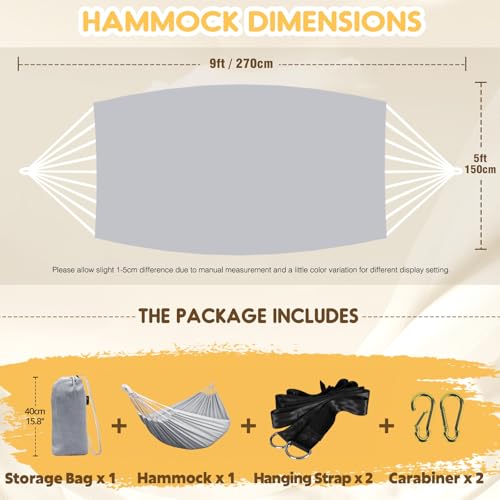Cotton Camping Hammock Portable with Tree Straps Holds 660lbs (Grey)