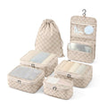 Compression Packing Cubes for Women (2. Neutral Checker / Deluxe Set (4 Cubes + Toiletry & Laundry Bags))