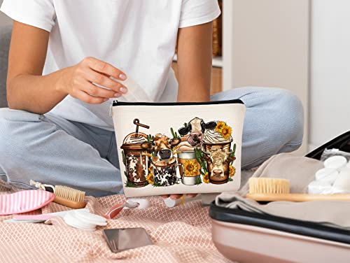 Western Heifer Cow Coffee Drink Cowgirl Cowboy Sunflower Icecream Cup Cactus Ranch Girls Makeup Bag Cosmetic Bag Best Birthday Christmas Gift Idea for Cowgirls Teen Girls Women (J)