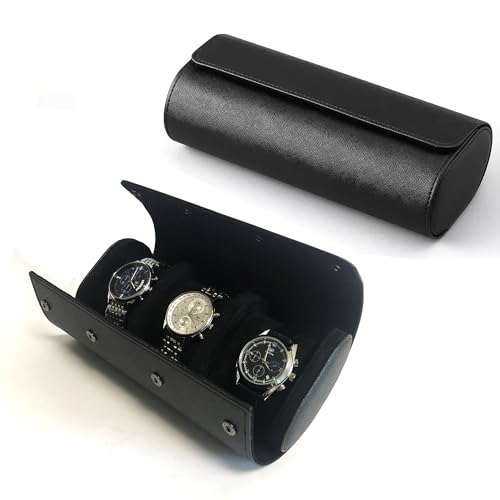 Longjet Watch Roll Travel Case for Men Portable Watches Organizer Box (Black Cross-3)