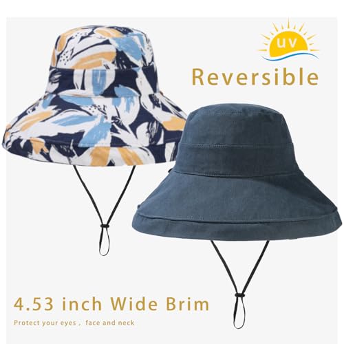 Womens Sun Hats Wide Brim Reversible Bucket Cotton Hat Packable Summer Travel Cap with Hat Clip (Medium / Navy Blue2)