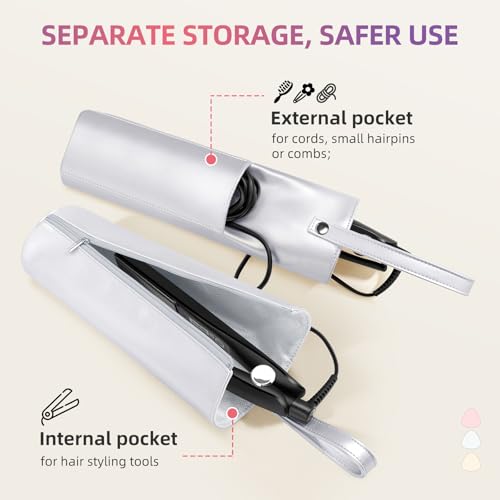 2-in-1 Heat Resistant Mat & Bag for Hair Styling Tools, Hanging Curling Iron Holder Flat Iron Holder with Zip, Portable Hot Hair Tools Travel Bag, Hair Straightener Mat Pouch for Countertop (Silver)