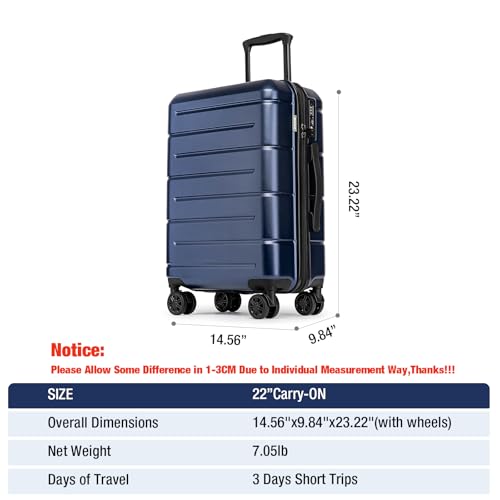 Carry On Luggage 22x14x9 Airline Approved Hardshell Carry On Suitcases with Wheels Travel Rolling 20 Inch Luggage with Cup Holder for Women Men (Navy / Carry-On 22-Inch（non-expandable）)