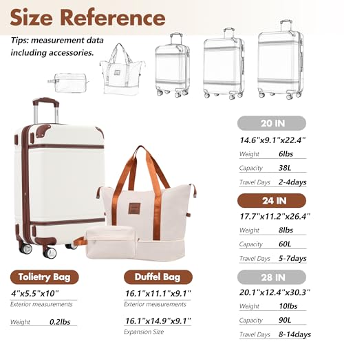 Suitcase Set 24 IN Expandable Luggage with TSA Lock Spinner Wheels (Vintage Luggage / White(24+bags))