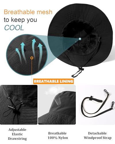 Water Resistant UPF 50+ Sun Bucket Hat Packable Brimmed for Women Men Black (One Size / Black)