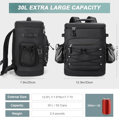 Large 52 Can Insulated Waterproof Leakproof Cooler Backpack (Black, Black Zipper)