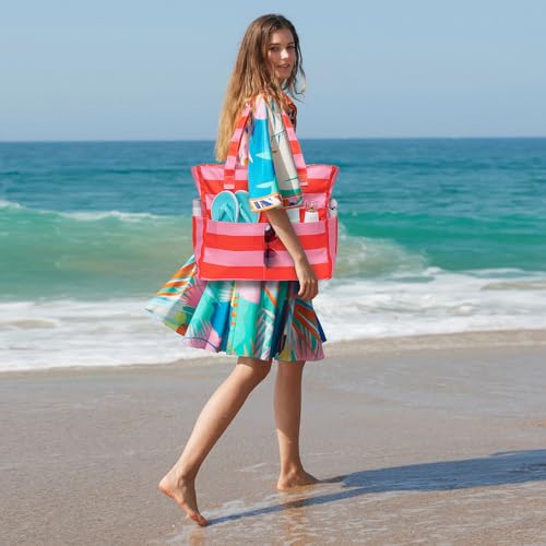 Waterproof Beach Tote Pool Bags for Women Ladies Extra Large Gym Tote Carry On Bag With Wet Compartment for Weekender Travel (Rose Pink Stripe)