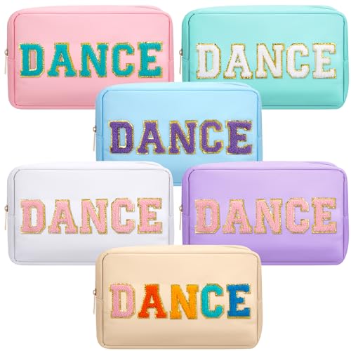 6 Pcs Dance Makeup Bag Chenille Cosmetic Bag with Letter Patches (Pastel Colors / Dance)