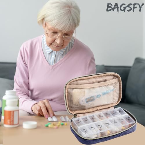 Travel Pill Organizer 2 Times a Day with Cute Fabric Pill Case (Blue / Small)