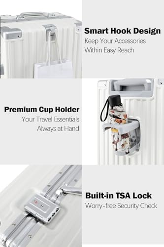 26 Inch Checked Zipperless Luggage with Cup Holder (White (PC+Aluminum) / Checked in 26inch)