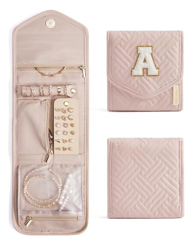 Travel Jewelry Organizer Case A Initial Jewelry Roll (Small / PInk-A)
