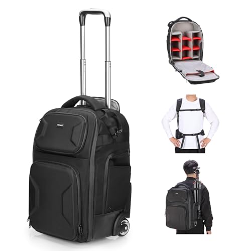 2 in 1 Camera Roller Bag with Detachable Shockproof Dividers Retractable Handle Waistband Rain Cover Water Resistant Robust Carry On Backpack for Camera Tripod Flash Lens Laptop (Pb027)
