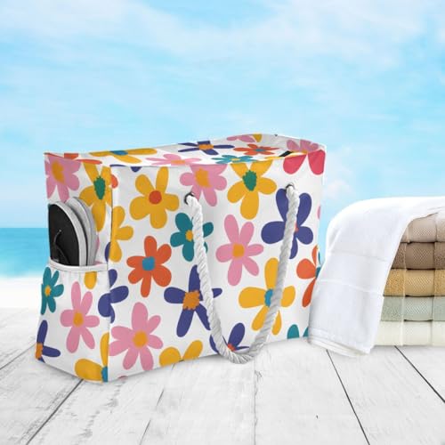 Large Beach Bags Totes Canvas Tote Shoulder Bag Soft Wave Water Resistant Bags for Gym Travel Daily Ocean (Colorful Flower)