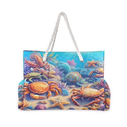 Large Beach Bags Totes Canvas Tote Shoulder Bag Soft Wave Water Resistant Bags for Gym Travel Daily Ocean (Marine Crab)