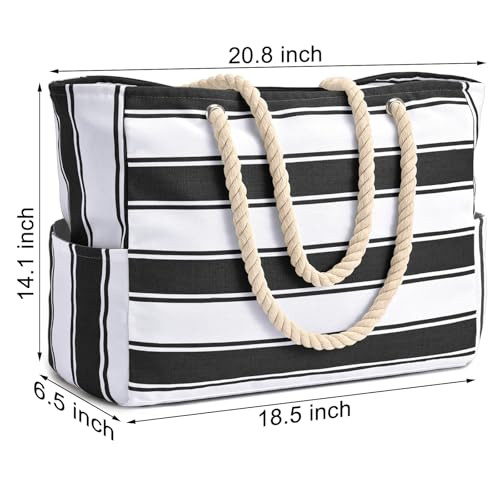Beach Bags for Women Large Waterproof Beach Tote Bag Zipper Waterproof Sandproof Swim Pool Bag (Black Stripe)