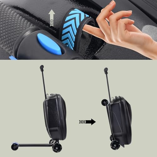 2-in-1 Ride-On Scooter Suitcase for Kids & Adults, 20” Foldable Hardshell Carry-On Luggage for Travel, Lightweight Kids Scooter Bag with Wheels (Black With LED)