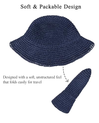 Womens Crochet Straw Sun Hat Foldable Floppy Wide Brim Beach Hat for Summer (One Size / Dark Blue)