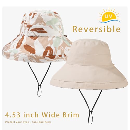Womens Sun Hats Wide Brim Reversible Bucket Cotton Hat Packable Summer Travel Cap with Hat Clip (Medium / Beige2)
