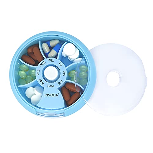2PCS INVODA Weekly Pill Organizer 7 Compartment Rotating Pill Box for Daily (Pink+blue)