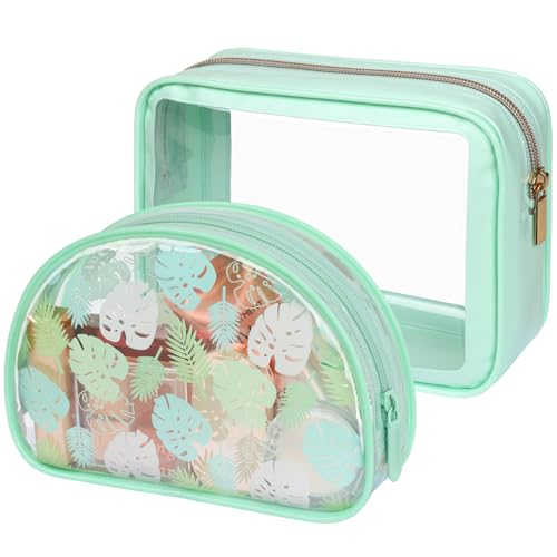 2 Pack Clear Makeup Bag Set (2 Pack Green Turtle Leaves Print / Hybrid Traveler (1 Large & 1 Medium - Soft))
