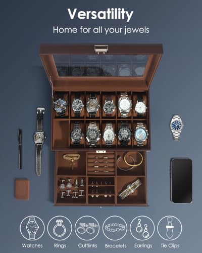 Mens Watch Box Jewelry Organizer (Espresso / 12-slot)