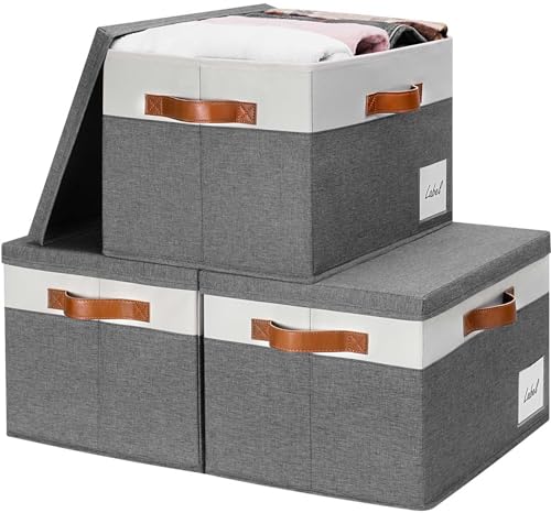 Storage Bins with Lids 3 Pack (Large-3 Pack / Grey with White)