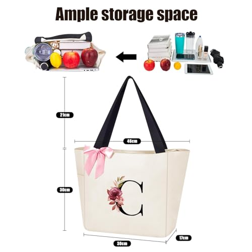 Tote Bag, A-Z Initial Monogrammed Waterproof Tote Bag, Bridesmaid Gifts for Women, Black and Pink (C, Beige) (Beige)