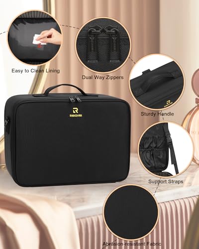 Large Makeup Case Travel Makeup Train Case Professional Makeup Artist Bag Portable Nail Organizer Box Art Supply Case with Adjustable Dividers (Black with 3 clear bags / Large)
