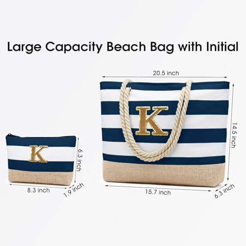 Beach Bag Initial Beach Tote with Makeup Bag for Travel (Dark Blue 2 Pcs / K)