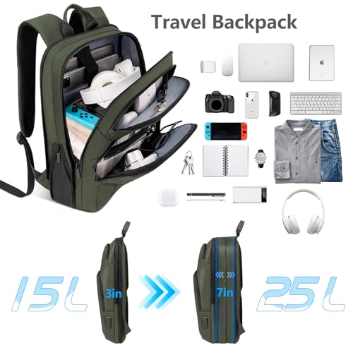 Backpack for Men Slim & Expandable Travel Laptop Backpack with USB Charging Port Water Resistant Anti (Olive Green / 17.3”)