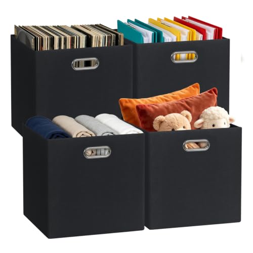 13x13 Storage Cubes Basket Containers for Shelf Cabinet Bookcase Boxes (13×13×13/4pcs / Pure Black-1200D)