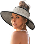 Womens Sun Hat with Ponytail Hole Wide Brim Beach Straw Visor (Medium / Mix Khaki With Black)