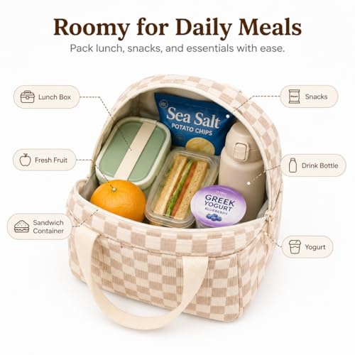 Lunch Bag for Women Cute Corduroy Lunch Tote Bags with Shoulder Strap Reusable Insulated Lunch Box Large Capacity Reusable Insulated Cooler for Work Picnic or Travel (A Corduroy checkered brown / 13L)