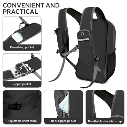 15L Small Hiking Backpack for Men Women Lightweight Packable Backpack Foldable Casual Daypack for Camping Travel Outdoor (Black)