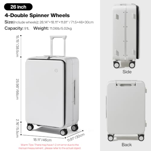 26 Inch Large Checked Luggage PC Hard Shell Suitcase Top Opening Aluminum Frame Travel Suitcases with Wheels (Smoke White / 26-inch)