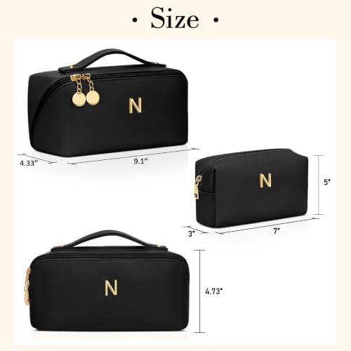 Initial Makeup Bag Personalized Gift for Women Teen Girls (Black / N)