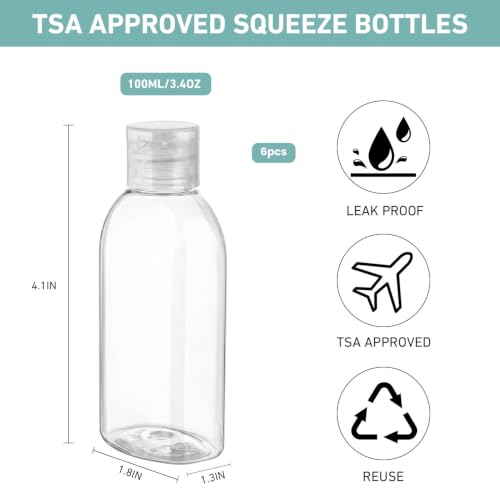 Travel Bottles for Toiletries 6 PCS 3.4oz Plastic Bottles Blank (Blank Clear)