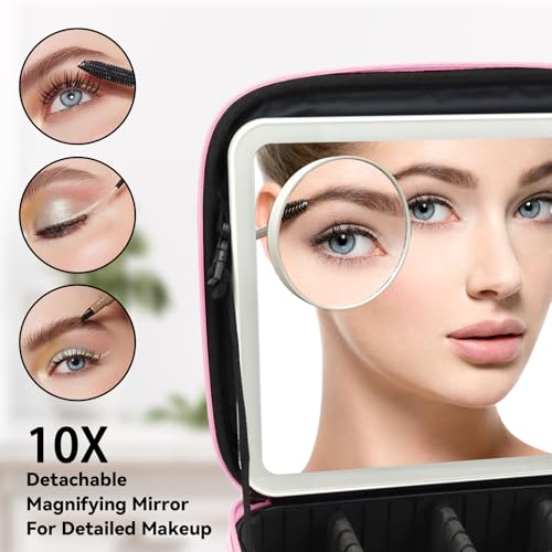Travel Makeup Bag with LED Mirror and 10x magnifying glass with 3 Lighted Settings (Dark Pink / With LED Mirror and 10x Magnifying Glass)