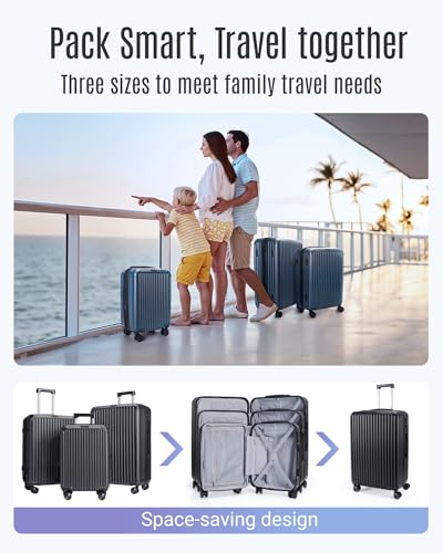 3 Piece Luggage Sets With Spinner Wheels Hardshell TSA Lock (Black / 3-Piece Set - 20"/24"/28")