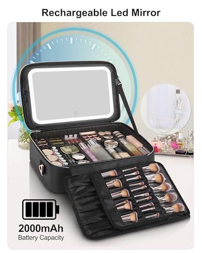 Large Makeup Case With LED Mirror (01-Black / 3-Large)