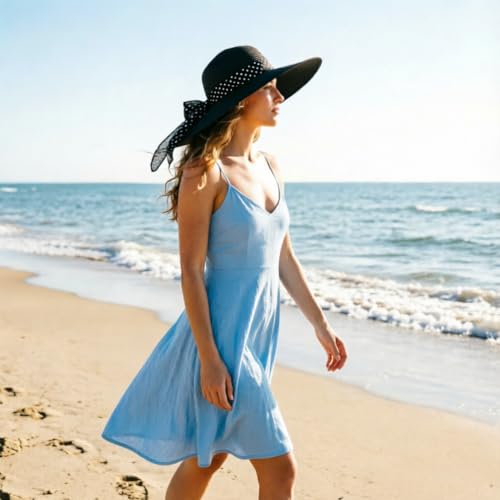 Wide Brim Sun Hat for Women Floppy Straw Hat Summer Beach Hats Fashionable Trendy Hats Sun Protection UPF 50+ (1 Pack With Polka Dot Bow: Black)